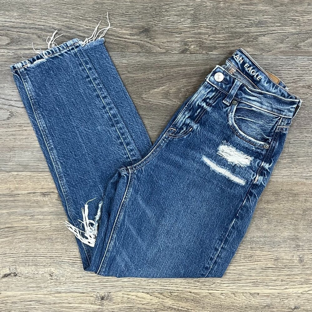 American Eagle Outfitters High-Waisted Dark Wash Ripped Mom Jean